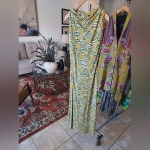 Zara Yellow and Green Leaf Print Maxi Dress With Open Back Twist Accent
